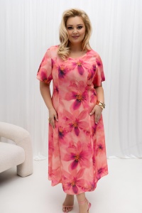 Elegancka sukienka Lori koralowo-różowa w duże kwiaty na wesele - 3