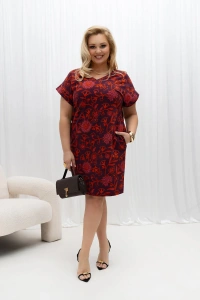 Kimonowa bawełniana sukienka dresowa z kieszeniami Trina bordowo-czerwona w kwiaty - 1