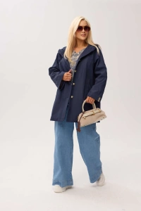 Granatowy przejściowy płaszcz damski Arlene o trapezowym kroju z kapturem - 1