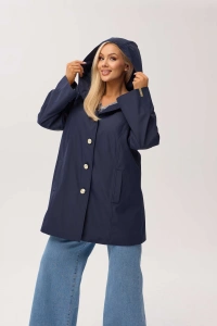 Granatowy przejściowy płaszcz damski Arlene o trapezowym kroju z kapturem - 6