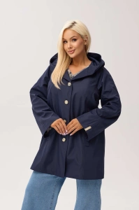 Granatowy przejściowy płaszcz damski Arlene o trapezowym kroju z kapturem - 5