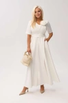 Sukienka MAXI Mirabella w odcieniu ecru/śmietankowej bieli z odpinanym kwiatem i kokardą OVERSIZE PLUS SIZE XXL WIOSNA LATO