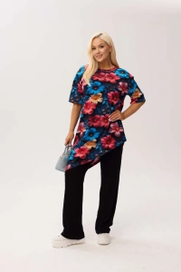 Wiskozowa tunika asymetryczna Capri Hibiscus w print w hibiskusy - 2
