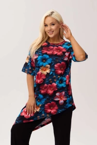 Wiskozowa tunika asymetryczna Capri Hibiscus w print w hibiskusy - 1