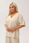 Przewiewna bluzka Santorini Beige z domieszką lnu OVERSIZE PLUS SIZE XXL WIOSNA LATO