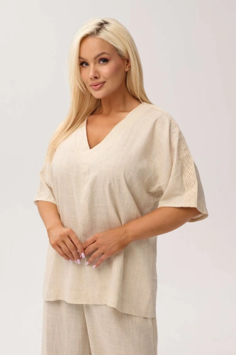 Przewiewna bluzka Santorini Beige z domieszką lnu OVERSIZE PLUS SIZE XXL WIOSNA LATO