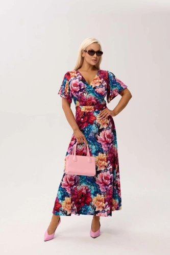 Sukienka kopertowa Valencia Peony MAXI z falującym rękawem i kobiecym dekoltem PLUS SIZE OVERSIZE WIOSNA LATO