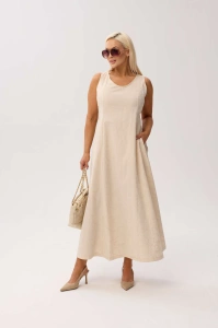 Elegancka sukienka Sevilla Beige MAXI bez rękawów, z kieszeniami i kwiatowym printem - 1