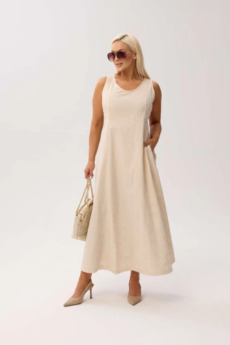 Elegancka sukienka Sevilla Beige MAXI bez rękawów, z kieszeniami i kwiatowym printem PLUS SIZE WIOSNA LATO