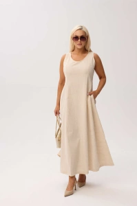 Elegancka sukienka Sevilla Beige MAXI bez rękawów, z kieszeniami i kwiatowym printem - 3