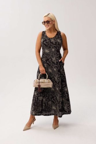 Elegancka sukienka Sevilla Black MAXI bez rękawów, z kieszeniami i kwiatowym printem PLUS SIZE WIOSNA LATO