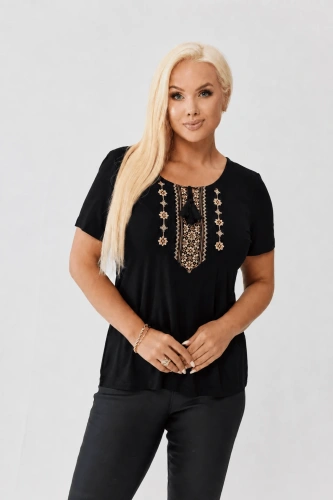 Czarna bawełniana bluzka z miodowym haftem krzyżykowym OVERSIZE PLUS SIZE WIOSNA LATO