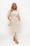 Beżowa sukienka koszulowa w cytrynki Lemone z paskiem – bawełna i len OVERSIZE PLUS SIZE LATO