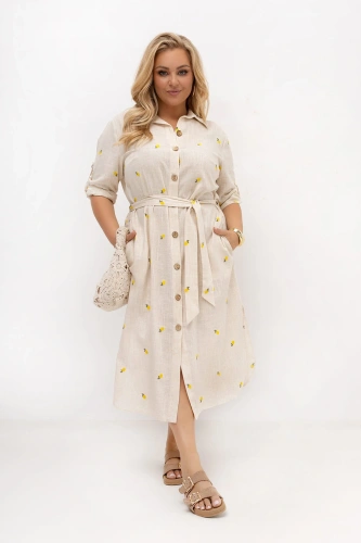Beżowa sukienka koszulowa w cytrynki Lemone z paskiem – bawełna i len OVERSIZE PLUS SIZE LATO