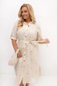 Beżowa sukienka koszulowa PLUS SIZE Lemone z bawełny i lnu, sukienka midi z paskiem, kieszeniami i wzorem w cytrynki. Elegancka sukienka damska XXL na lato, do pracy i na wakacje.