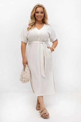 Sukienka kimonowa ecru Mila z paskiem | 100% wiskoza | PLUS SIZE OVERSIZE LATO