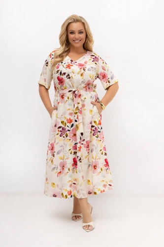 Sukienka midi lniano-bawełniana w kwiaty Florka z paskiem | PLUS SIZE OVERSIZE LATO