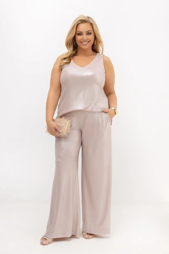 Elegancki komplet damski połyskujący Asteria: top i szerokie spodnie z lurexu | PLUS SIZE OVERSIZE LATO NA WESELE