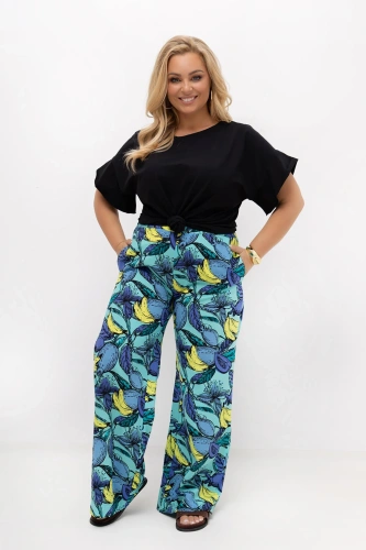 Turkusowe spodnie Marisa w owocowy wzór | Prosta nogawka | Rayon z bawełną | PLUS SIZE OVERSIZE LATO