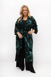Długie kimono damskie plus size w czarno-turkusowy wzór, z paskiem do przewiązania w talii i luźnym rękawem 3/4.