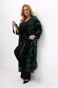 Czarno-turkusowe kimono plus size z paskiem, długim fasonem i wzorem paisley, doskonałe jako lekka narzutka na lato i wieczorne wyjścia.
