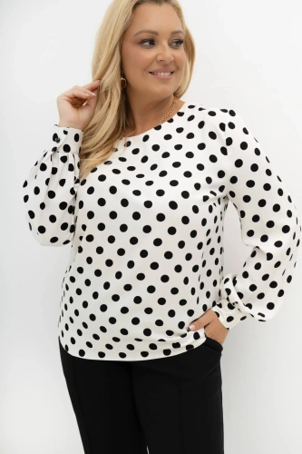 Biała bluzka w czarne grochy Dot Darling z dekoracyjnymi rękawami 100% wiskoza Plus Size Oversize