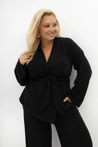 Kardigan z dzianiny prążkowej Stay Close z paskiem i regulowanymi rękawami czarny Plus Size Oversize