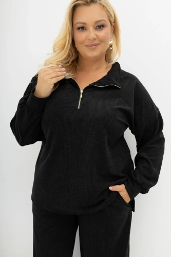 Oversizowa prążkowana czarna bluza Good Day Ahead z kołnierzem i zamkiem Plus Size Oversize