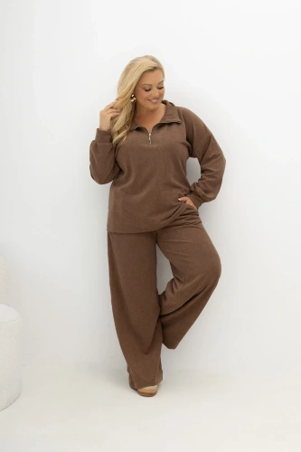 Oversizowy prążkowany komplet z bluzą i spodniami Good Day Ahead w kolorze kakao/ciepły brąz Plus Size Oversize