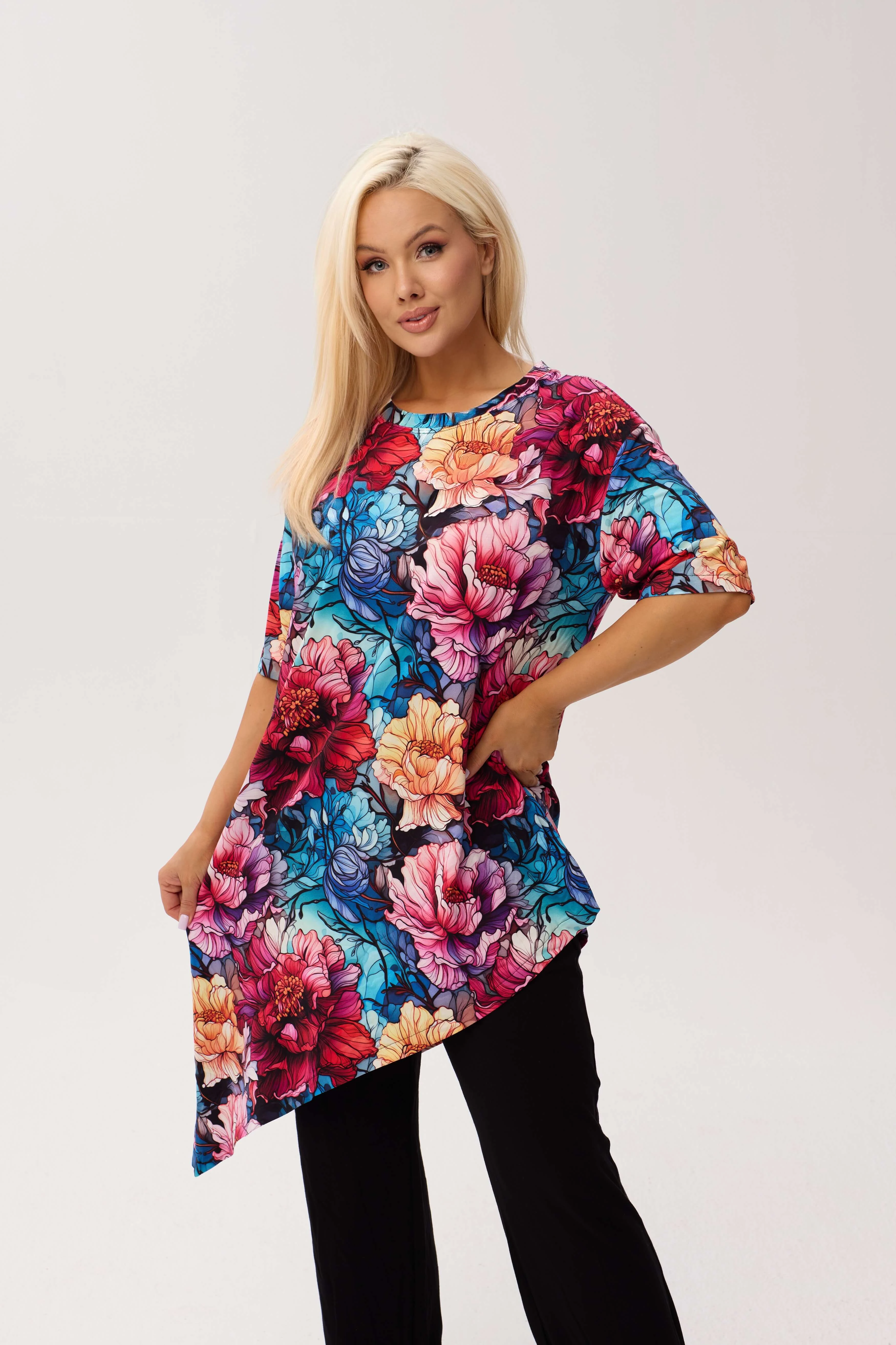 Wiskozowa tunika asymetryczna Capri Peony w print w piwonie - 1
